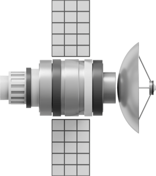 Space satellite with an antenna. Orbital communication station intelligence, research. 3D rendering. Metallic PNG icon on transparent background.