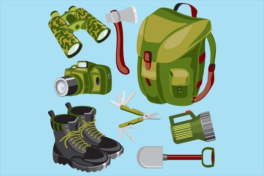 military equipment, there are bags, binoculars, shoes, shovels, flashlights, axes. for army equipment, on the battlefield vector