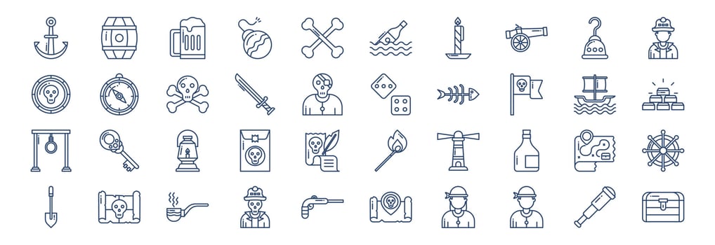 Collection of icons related to Pirates, including icons like Anchor, Barrel, Beer, Bomb and more. vector illustrations, Pixel Perfect set