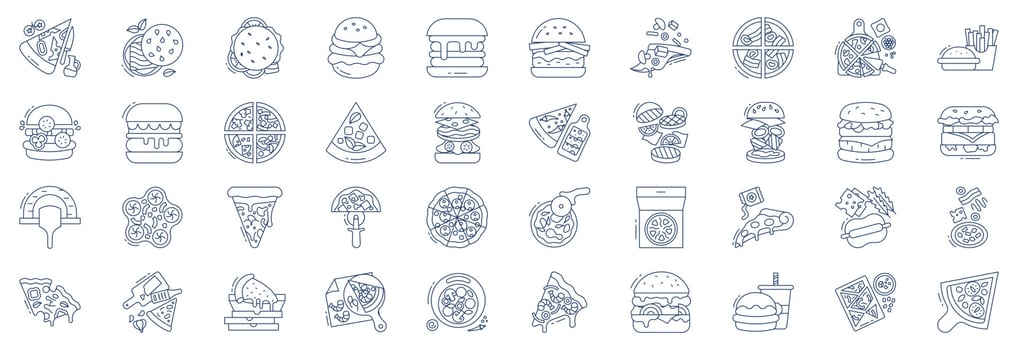 Collection of icons related to Pizza and Burger, including icons like Pizza, fries, burger, Monos and more. vector illustrations, Pixel Perfect set
