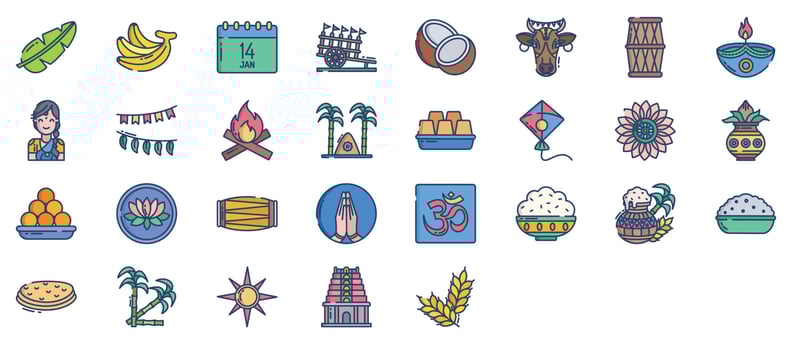 Collection of icons related to Pongal, including icons like Cow, Diya, Kite and more. vector illustrations, Pixel Perfect set