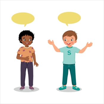 happy two cute kids little boys talking each other with speech bubble vector