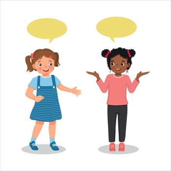 happy two cute kids little girls talking each other with speech bubble vector