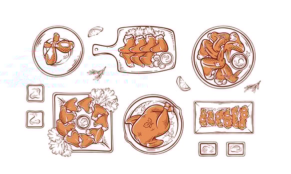 Hand drawn Chicken Dish set illustration. Chicken meal collection. Chicken simple drawing vector design