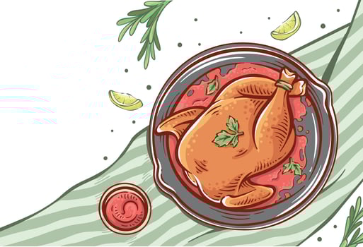 Roasted Chicken Dish illustration. Chicken meat hand-drawn vector design. Restaurant roast baked chicken drawing with cloth, sauce, lemon slices, and herb