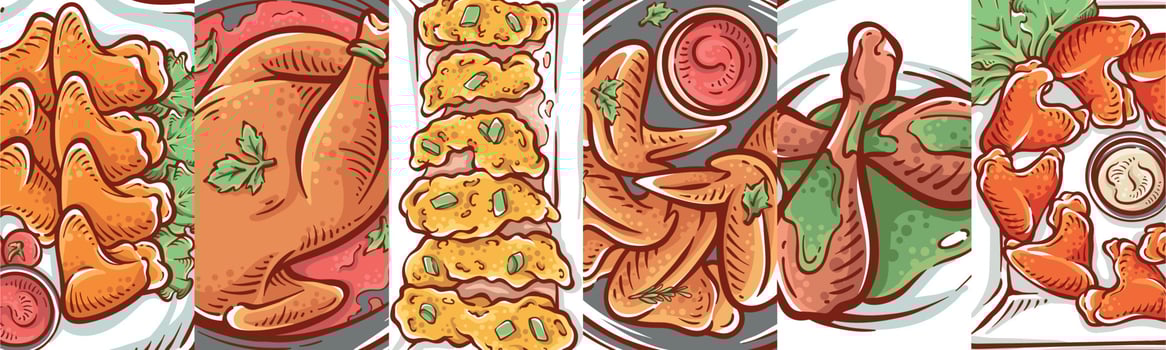 Collage of chicken dish product. Food chicken illustration drawing collection poster vector design