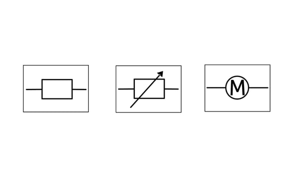 vector set of symbols, electrical symbols or their circuits with square frames. For electronic circuit label, electrical icon or symbol, isolated on white background