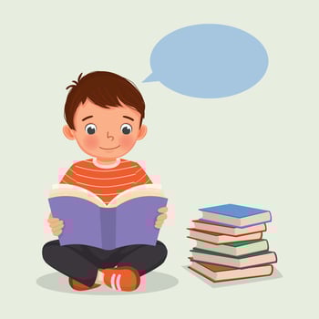 Cute little boy reading a book sitting on the floor beside stack of books vector