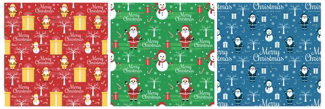 Set of Christmas Background Seamless Pattern Design With Santa Claus, Tree, Snowman And Gifts in Template Hand Drawn Cartoon Flat Illustration vector