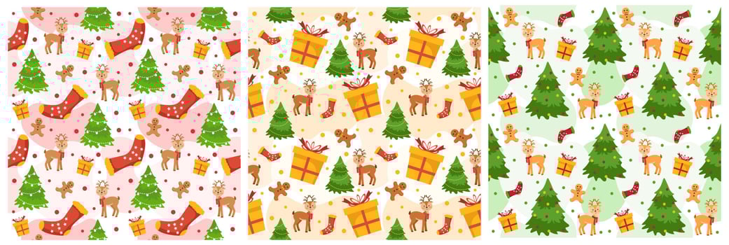 Set of Christmas Background Seamless Pattern Design With Santa Claus, Tree, Snowman And Gifts in Template Hand Drawn Cartoon Flat Illustration vector