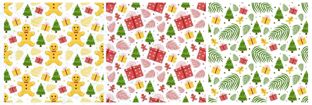 Set of Christmas Background Seamless Pattern Design With Santa Claus, Tree, Snowman And Gifts in Template Hand Drawn Cartoon Flat Illustration vector