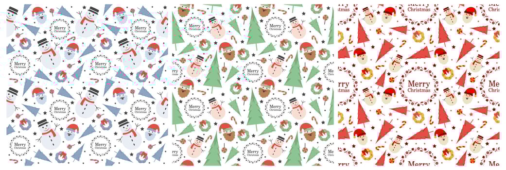 Set of Christmas Background Seamless Pattern Design With Santa Claus, Tree, Snowman And Gifts in Template Hand Drawn Cartoon Flat Illustration vector