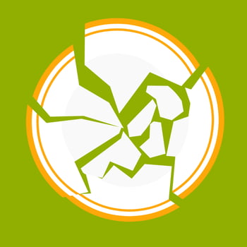Vector illustration of a plate breaking into pieces on a green background. Crushed porcelain plates are great for a kitchen crash logo.