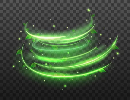 Green spiral spring wind effect with green star and leaves on transparent background. Green glowing shiny lines effect. Vector illustration