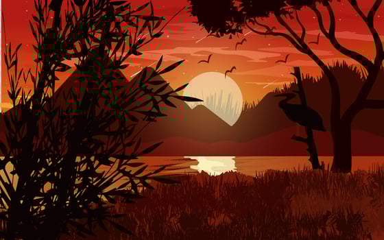 Lake mountains sunset landscape illustration wild natural background .sunset landscape panorama vector