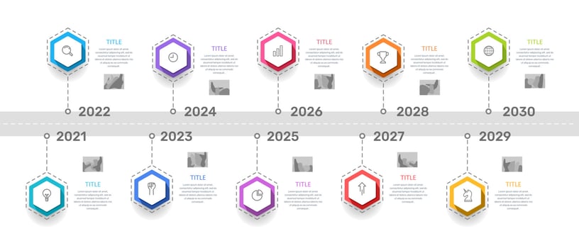 Infographic timeline hexagon 10 years. planning 10 years ahead. Milestone 10 years. 10 years anniversary. vector