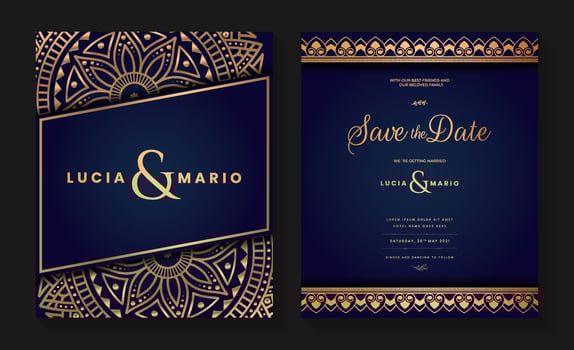 Luxury wedding invitation card design with golden mandala and abstract pattern, Arabic Islamic east background style, Decorative ornamental mandala for print, poster, cover, flyer, and banner. vector