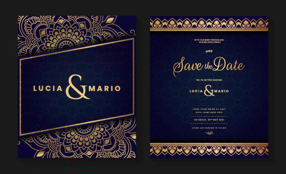 Luxury wedding invitation card design with golden mandala and abstract pattern, Arabic Islamic east background style, Decorative ornamental mandala for print, poster, cover, flyer, and banner. vector