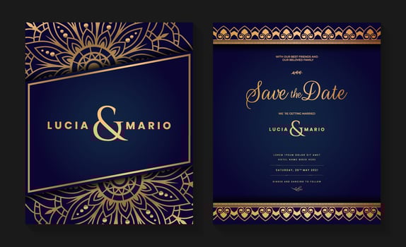Luxury wedding invitation card design with golden mandala and abstract pattern, Arabic Islamic east background style, Decorative ornamental mandala for print, poster, cover, flyer, and banner. vector