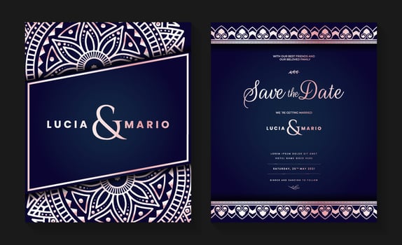 Luxury wedding invitation card design with silver mandala and abstract pattern, Arabic Islamic east background style, Decorative ornamental mandala for print, poster, cover, flyer, and banner. vector