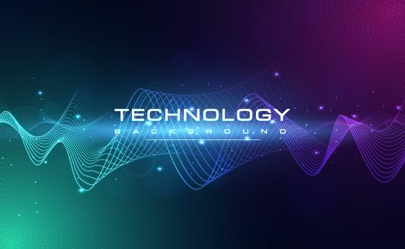 Digital technology blue green background, online cyber media algorithm, pink abstract wave futuristic circuit tech, innovation future, internet network connection, Ai big data, dot illustration vector