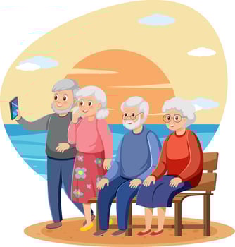 Group of senior travelers with sunset background vector
