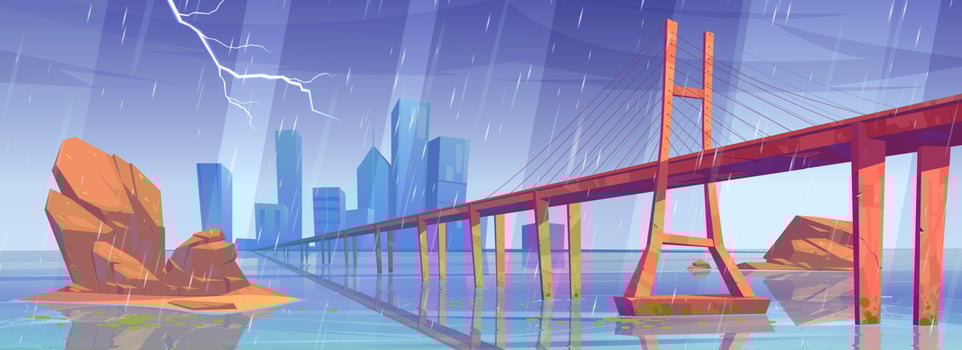 City skyline with buildings and bridge in rain vector