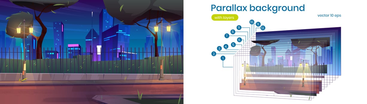 Parallax background with city street at night vector