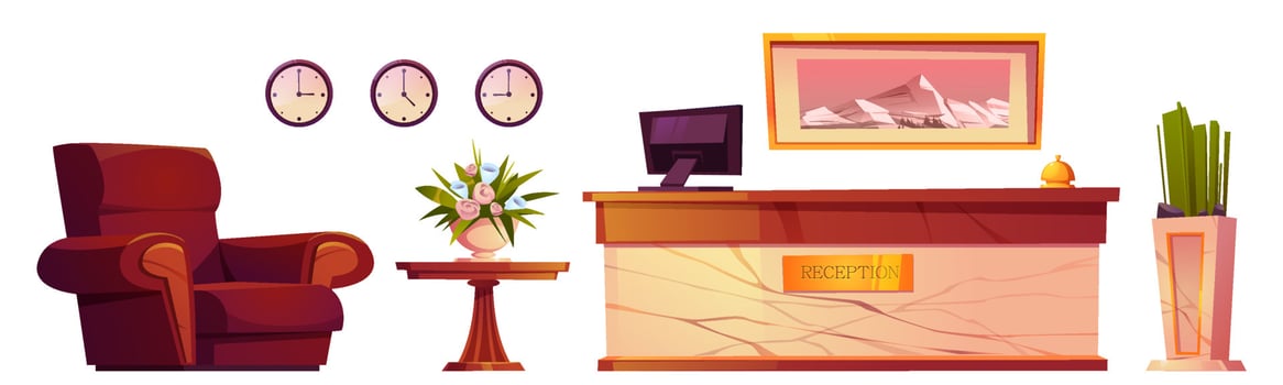Hotel reception furniture and items isolated set vector