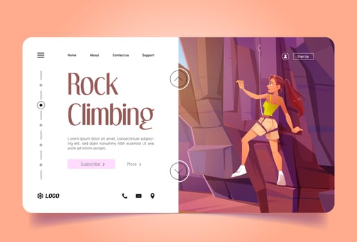 Rock climbing cartoon landing page, mountaineering vector