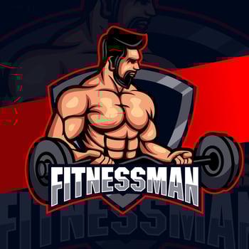 fitness man with strong muscle and barbell mascot logo concept for fitness and sport business design vector
