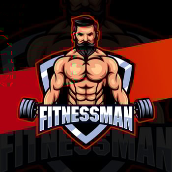 fitness man with strong muscle and barbell mascot logo concept for fitness and sport business design vector