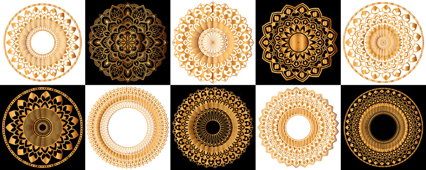 Set of gold zentangle mandalas, Mandala for henna, mehendi, tattoo, Decorative ethnic ornamental elements, Oriental patterns vector