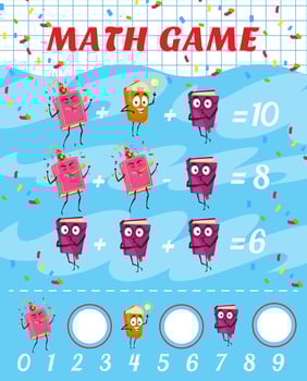 Cartoon bestseller books characters, math game vector