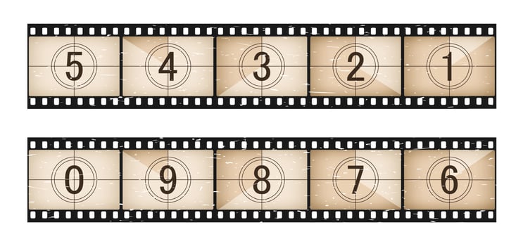 Movie or cinema time countdown, grunge film strip vector