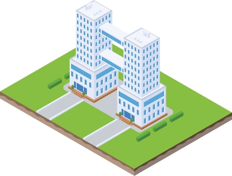 isometric scene of two twin tower building with road and garden vector