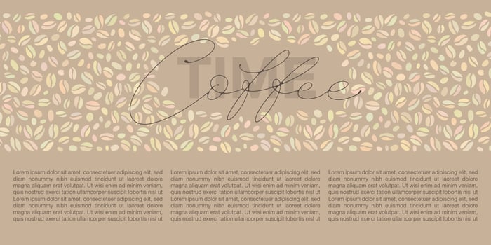 Hand drawn horizontal banner for marketing campaign, advertising, promotions. Colored coffee beans and Coffee time lettering in the center with text boxes. vector