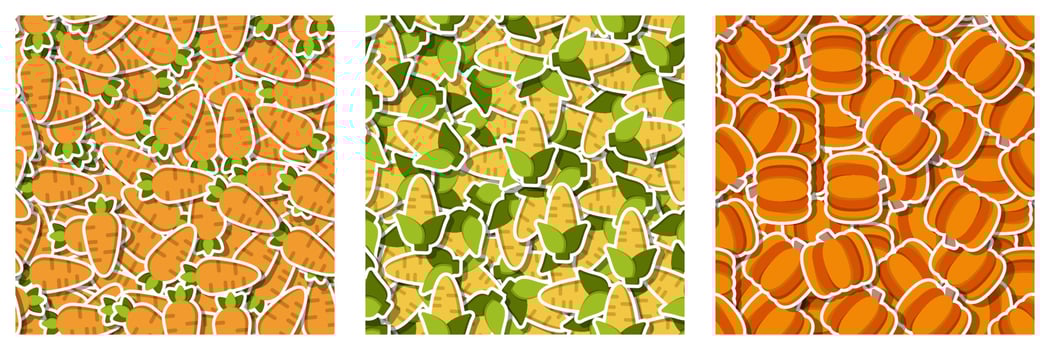 Flat carrot, corn, pumpkin vegetable sticker seamless pattern. Modern background ornament with carrot, corn, pumpkin vegetables. Vector illustration