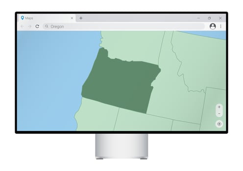 Computer monitor with map of Oregon in browser, search for the country of Oregon on the web mapping program. vector