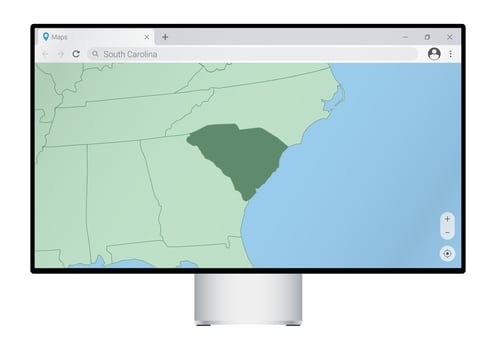 Computer monitor with map of South Carolina in browser, search for the country of South Carolina on the web mapping program. vector