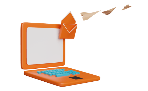 orange laptop computer with envelope, paper plane isolated. sending, receiving email marketing concept, 3d illustration or 3d render png