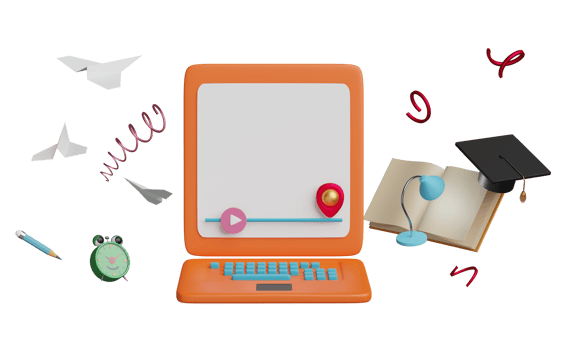 orange laptop computer with play bar,book, lamp, pencil, hat graduation, paper plane, alarm clock isolated. Online innovative education, e-learning concept, 3d illustration or 3d render png