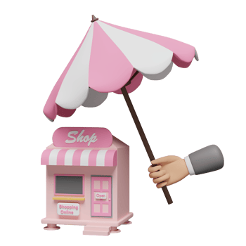 3d cartoon character businessman hands holding umbrella with pink shop or store front isolated. protect startup franchise business concept, 3d render illustration png