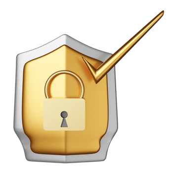 golden shield check with gold lock isolated. Internet security or privacy protection or ransomware protect concept, 3d illustration or 3d render png