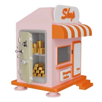 shop store front with orange mobile phone or smartphone, shopping cart, safe box, money isolated. Startup franchise business, online shopping concept ,3d illustration or 3d render png