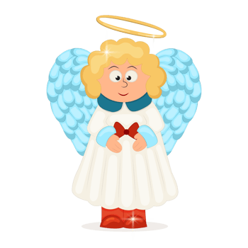 Cute angel with curls, blue wings, and halo over his head. png