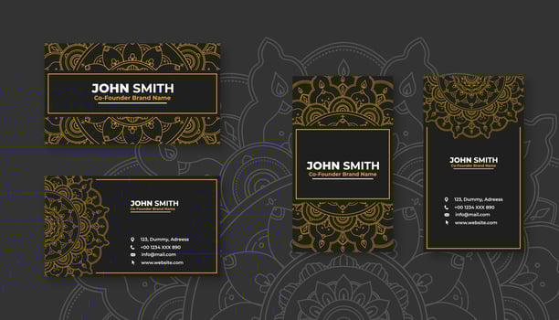 Luxury black business card with yellow mandala decoration designs, Bright floral ornamental elements vector