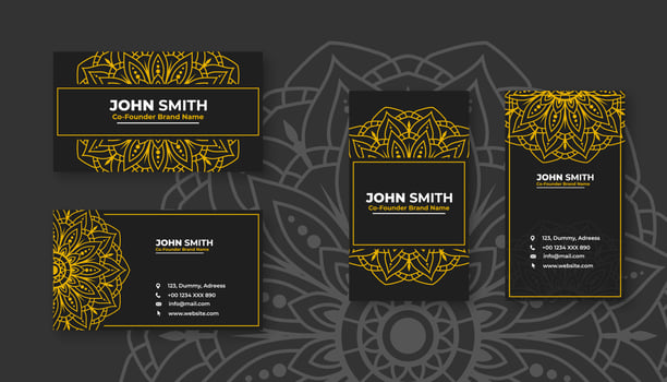 Luxury black business card with yellow mandala decoration designs, Bright floral ornamental elements vector