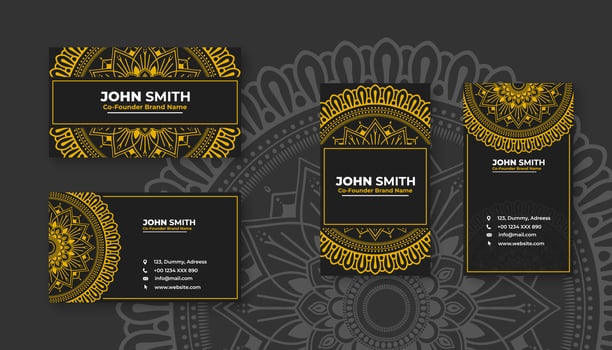 Luxury black business card with yellow mandala decoration designs, Bright floral ornamental elements vector