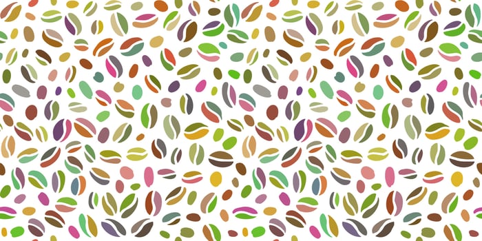 Coffee beans seamless pattern. Hand drawn colorful seeds of coffee randomly placed on transparent background. vector